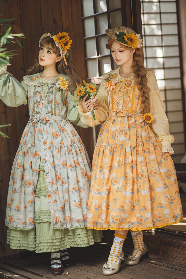 Green Sunflower Sleeveless Floral Bow Elegant Jsk Dress