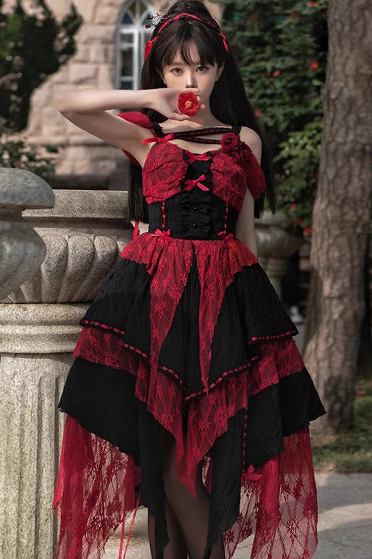 Crimson Noir Sleeveless High-Waist Patterned Asymmetrical Gothic Corset Dress