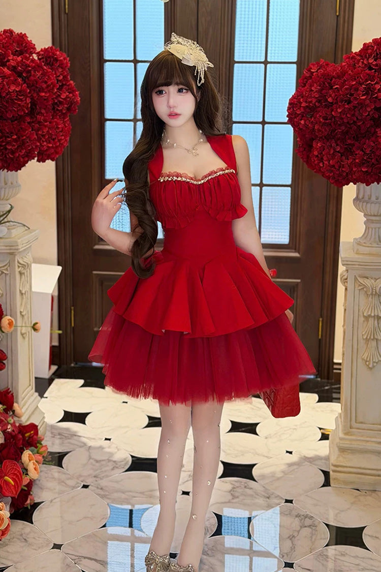 Crimson Romantic Rose Square Neck Sleeveless Ruffled Classic Ballet Lolita Gown