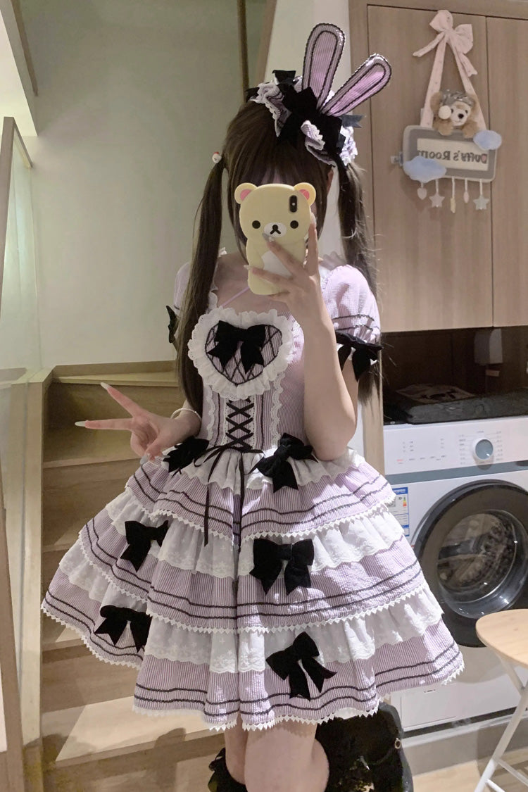 Triple Layer Short Sleeve Striped Ruffle Bow Lace Sweet Jsk