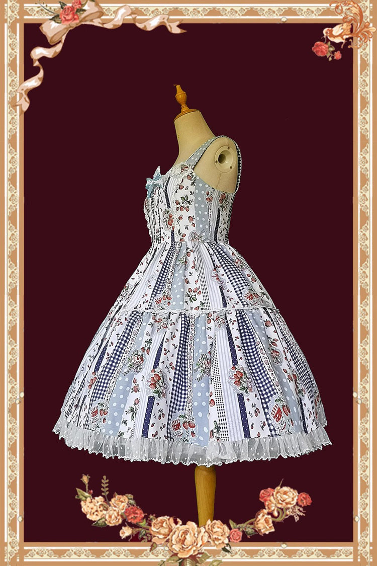 Light Blue Sweet Lolita Dress with Strawberry Plaid Print and Bowknot
