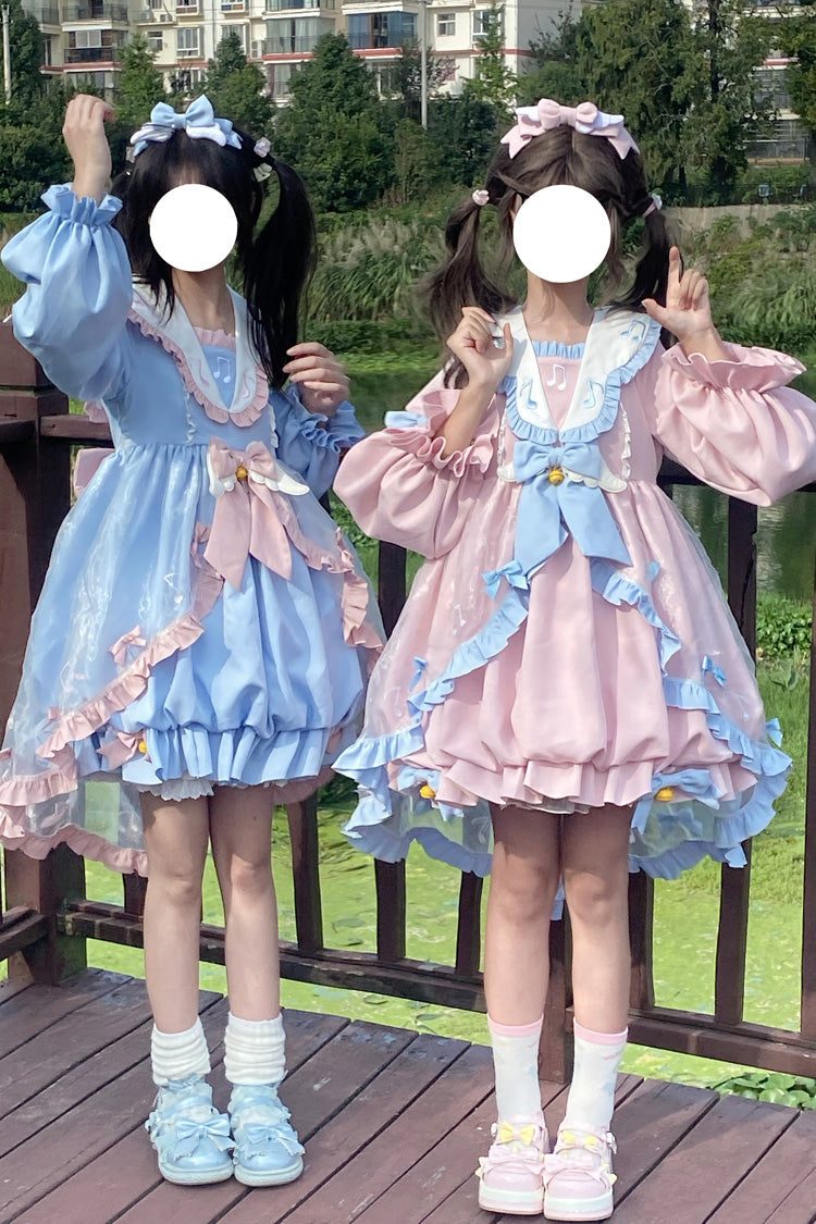 Pink Music Note Lace Sweet Lolita Dress with Bow and Ruffles