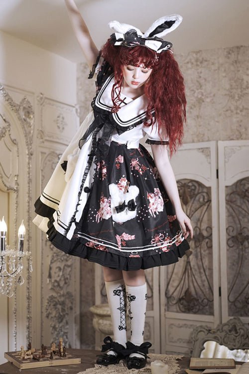 Monochrome Sailor Collar Berry Bear Print Ruffled Hem Sweet Dress