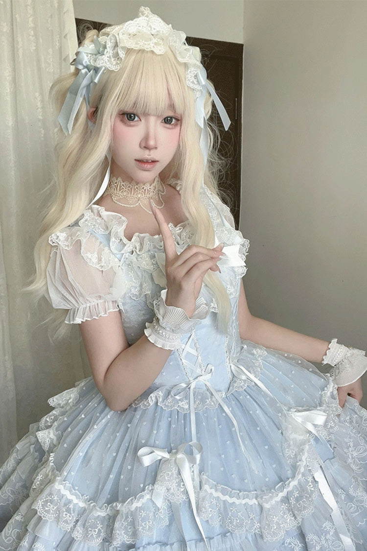 Cerulean Sleeveless Ruffle Bow Lace Corset Sweet Jumper Dress - Candy House