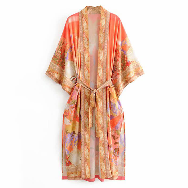 Floral Peacock Mermaid Print Robe Cardigan Outerwear