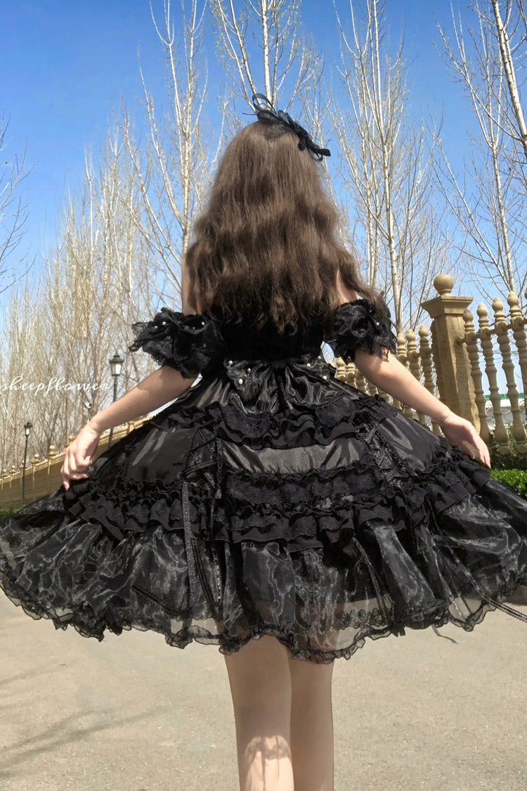 Off-Shoulder Jsk Dress with Multi-Layered Ruffles and Bow