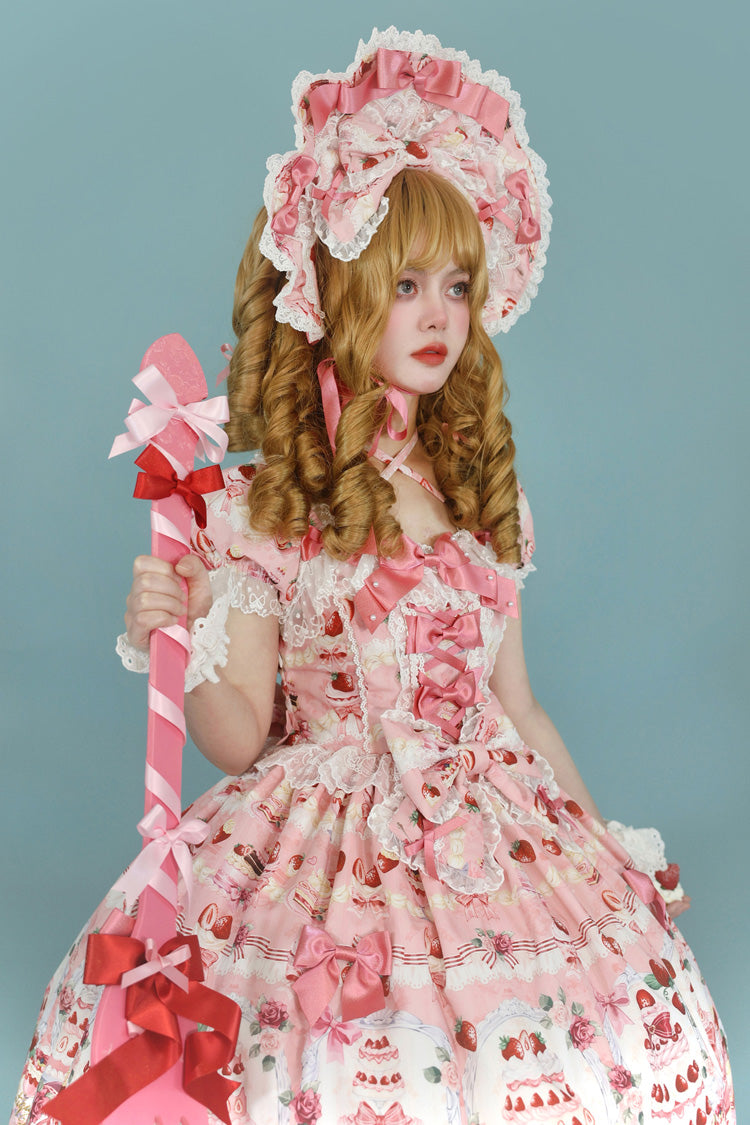 Strawberry Cake Bouquet Print Square Collar Short Sleeve Bow Lace Sweet Lolita Dress - 3 Colors