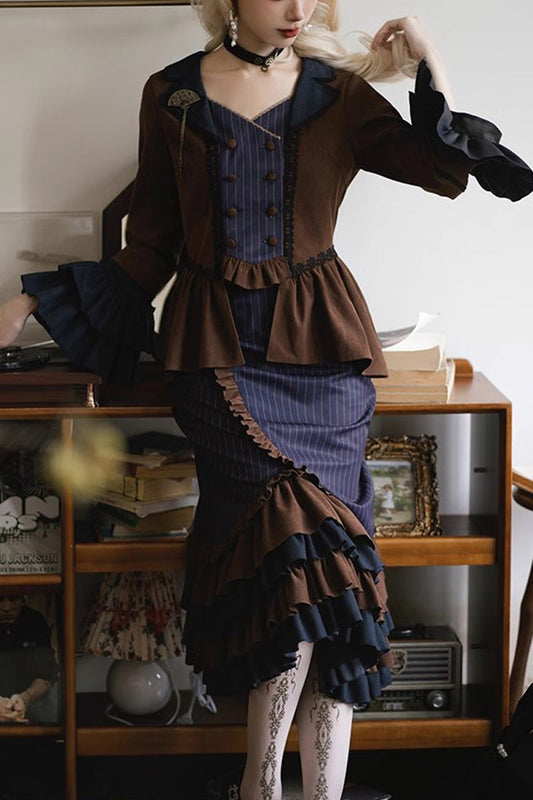 Time Traveler Long-Sleeve Multi-Layer Print Punk Mermaid Skirt Set