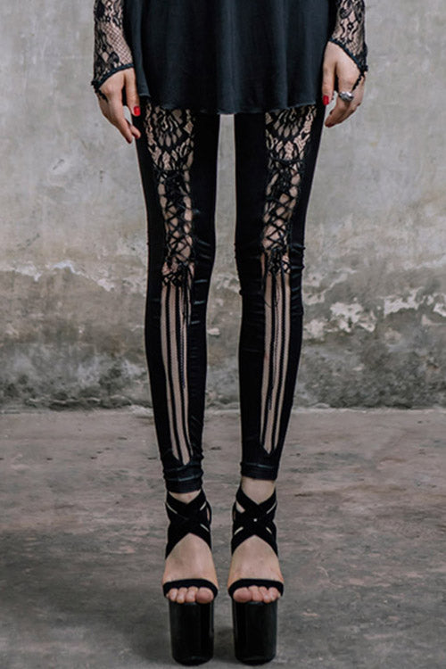 Women's Gothic Knit Pants in Black with Mesh Splice & Lace-Up Front