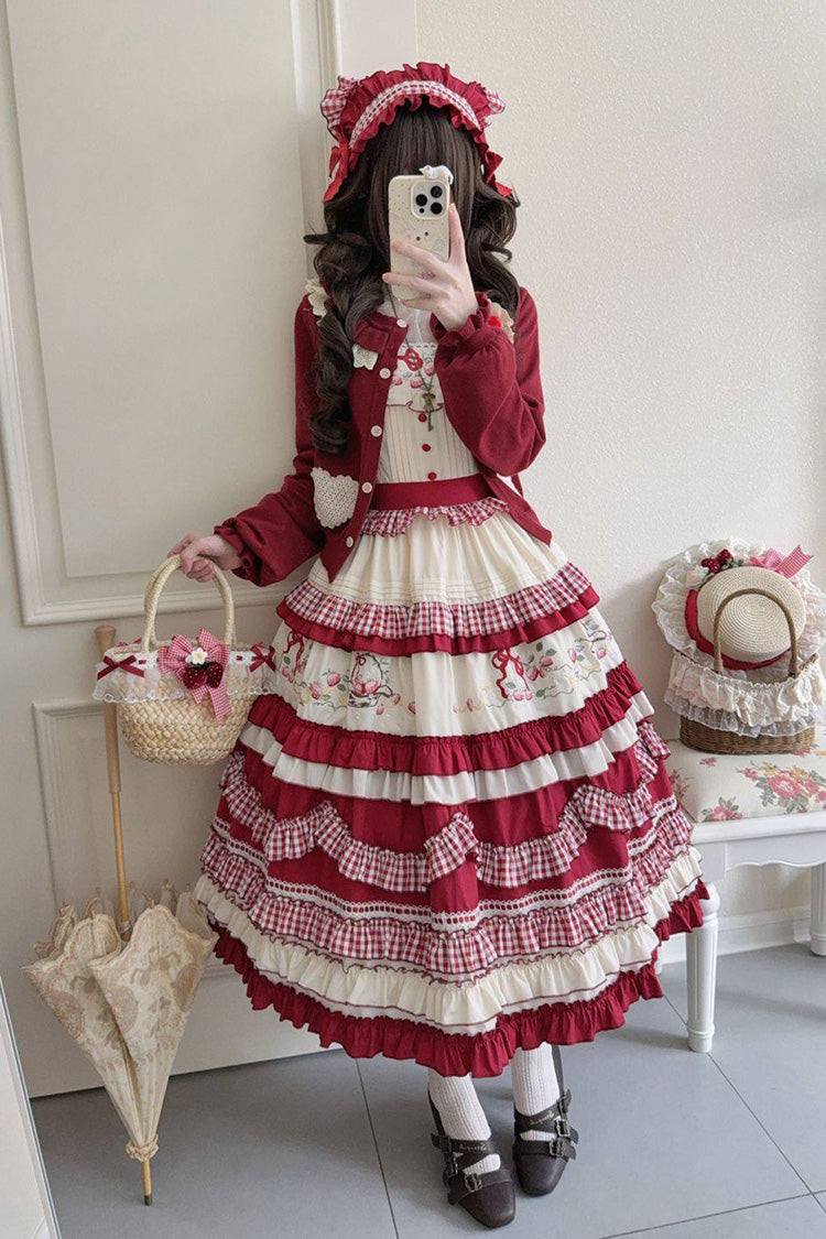 Crimson Strawberry Basket Square Neck Multi-Layer Print Ruffled Embroidered Bow Sweet Lolita JSK