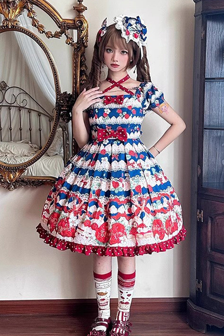 Berry Fairy Print Short Sleeve Ruffle Bowknot Dress - Red/Blue
