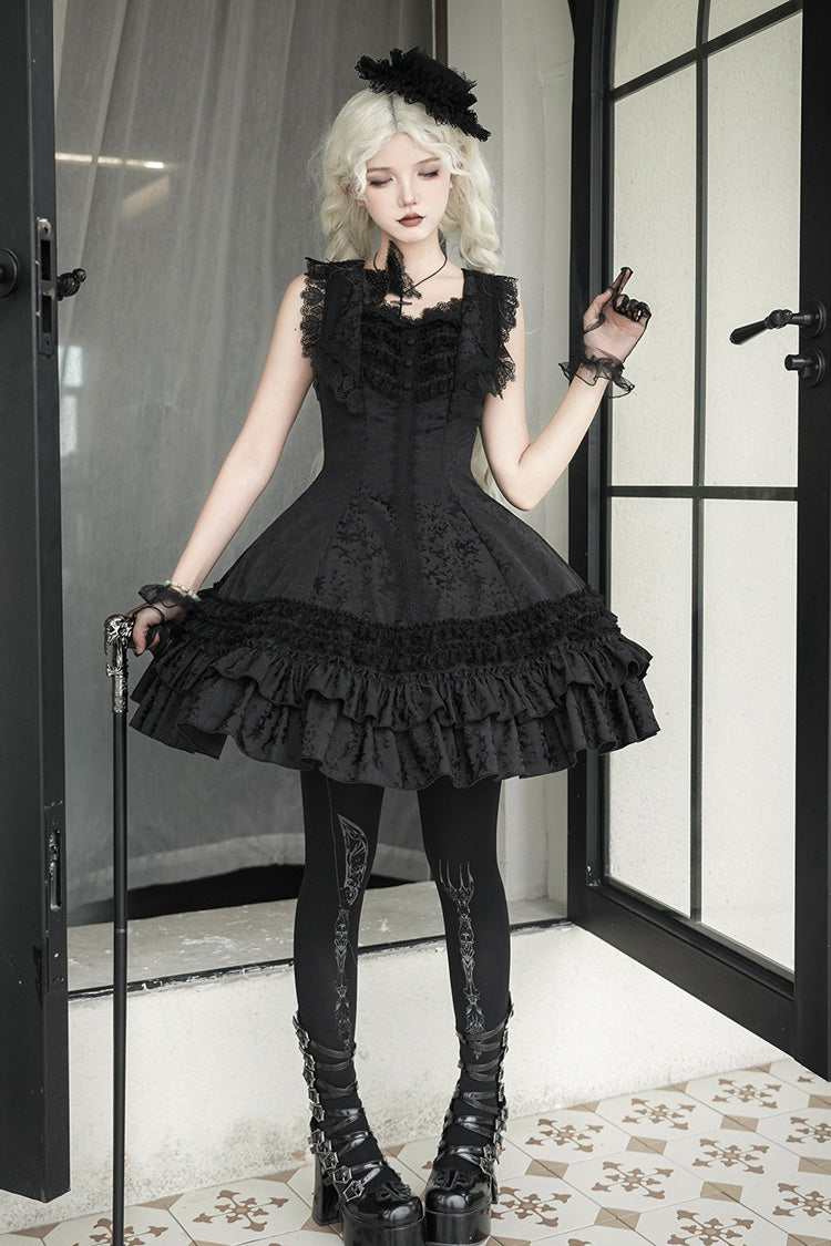 Escape Double-Layered Jacquard Striped Ruffled Slim Gothic Lolita Jumper Dress in Three Shades