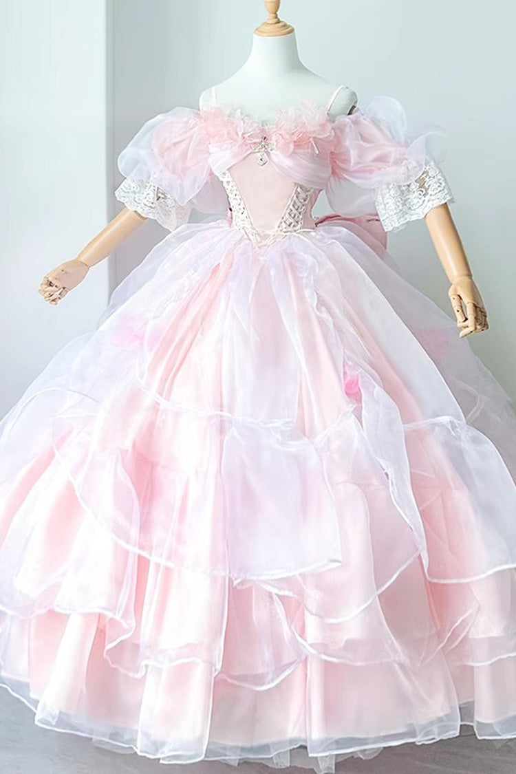 Off Shoulder Short Sleeve Multi-Layered Ruffled Hanayome Bow Lace Sweet Plus Size Lolita Dress - Pink