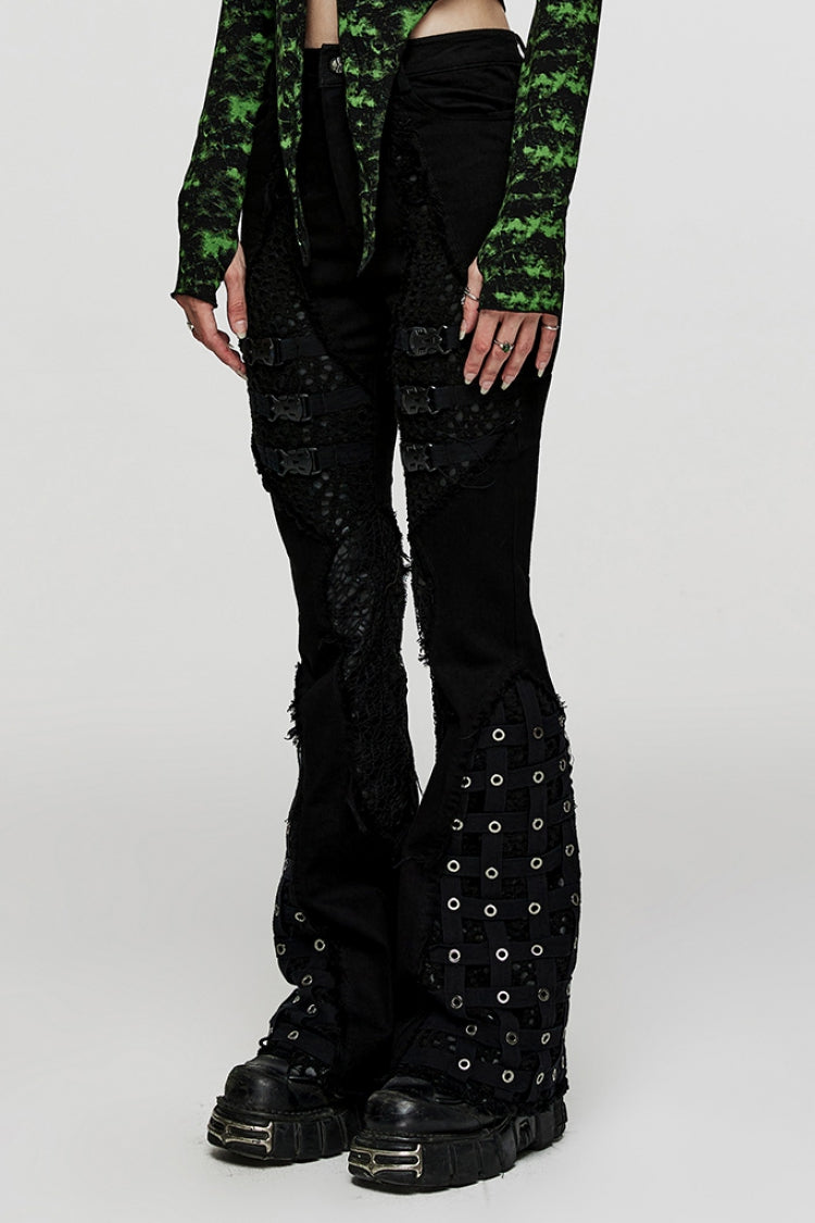 Punk Flared Pants with Eye Buckle & Unedged Cutout Design for Women