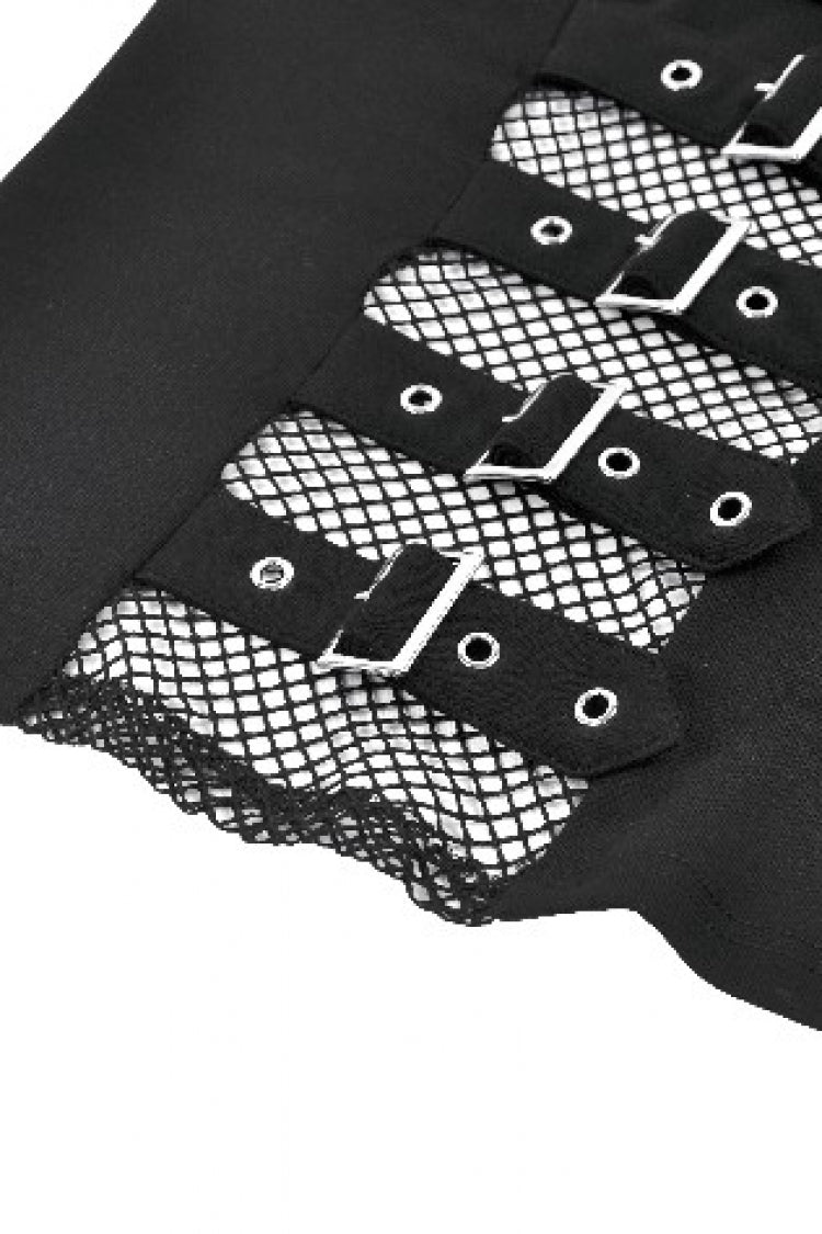 Long-Sleeve Punk Top with Buckled Straps and Mesh Panels