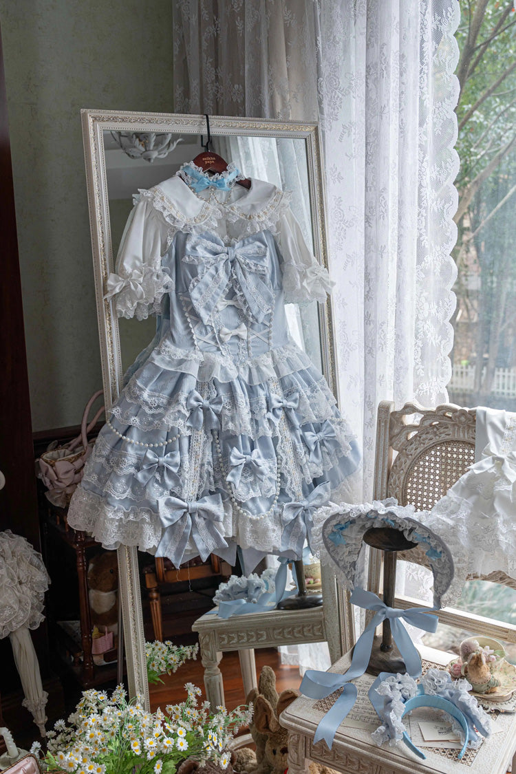 Small Cakes Sleeveless Multi-Layered Ruffled Bow Lace Sweet Lolita JSK Dress - Blue