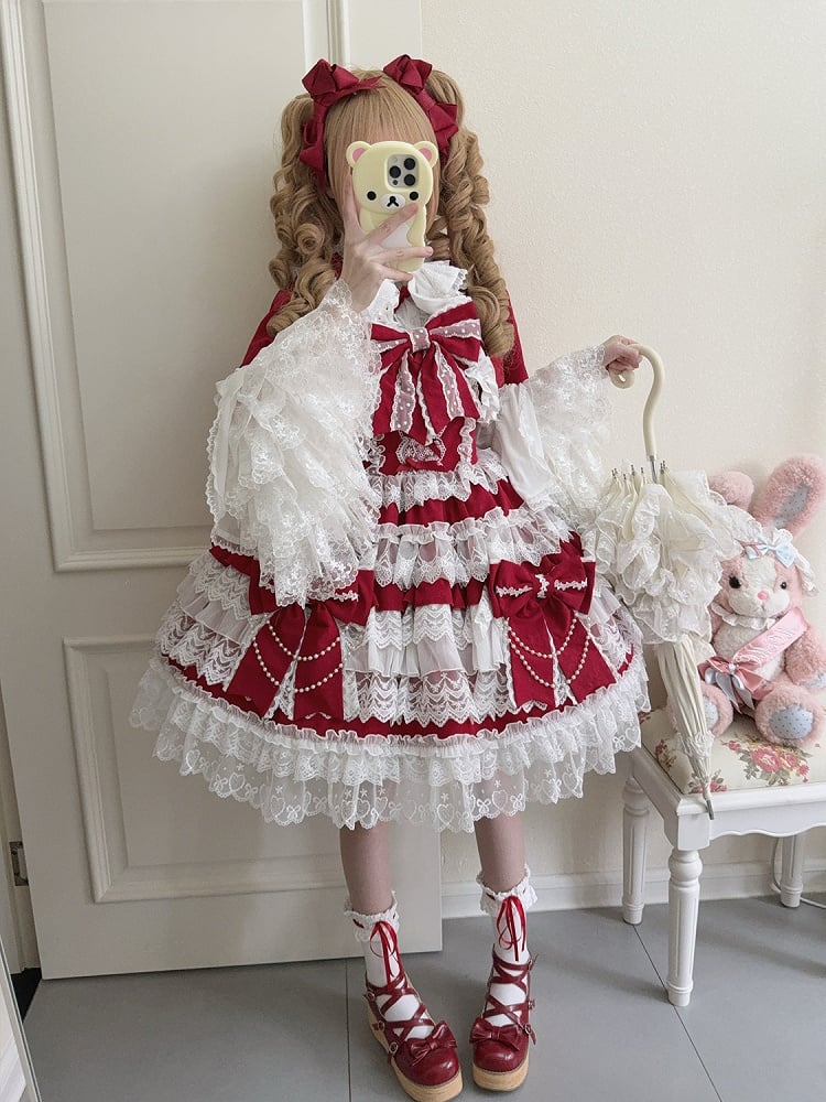 Hanayome Big Decoration Red Tiered Dress Skirt Bows Lolita