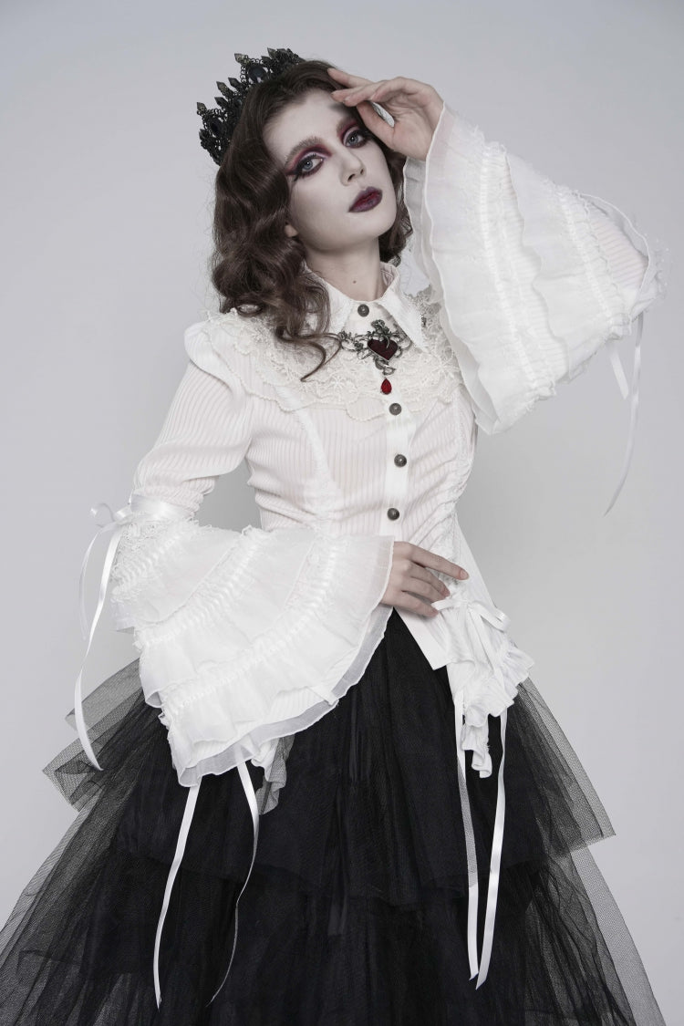 Ivory Slim Fit Women's Gothic Blouse with Trumpet Sleeves and Lace-Up