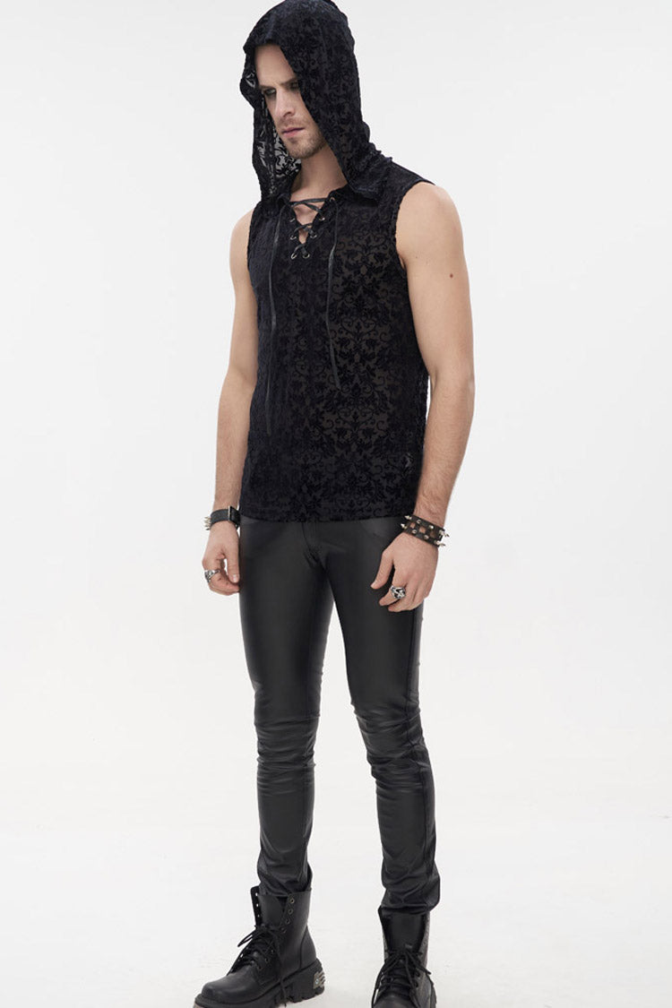 Velvet Jacquard Chest-Tie Sleeveless Punk Hoodie Shirt