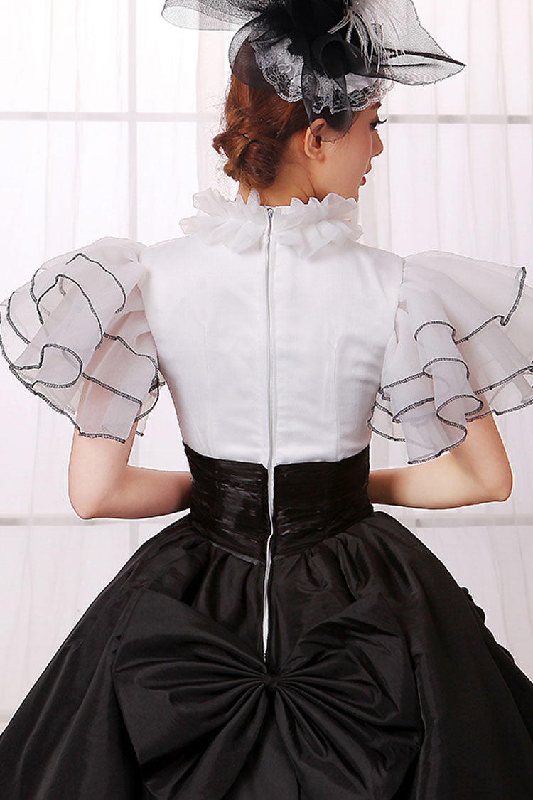 White and Black Short Sleeve Victorian Gown - Back Zipper Bowknot