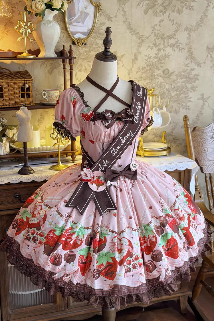 Square Collar Short Sleeves Printed Ruffled Bow Lace Sweet Lolita Dress - Strawberry Chocolate Lover