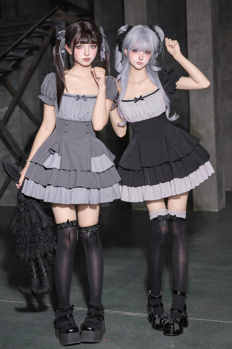 Halterneck Square Collar Ruffled Lolita Dress Set - Black/Grey