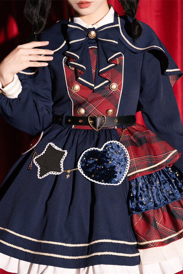 Red Dark Blue Starlight Academy Style Long Sleeves Printed Ruffled Spliced Asymmetric Faux Two-Piece Sweet Dress