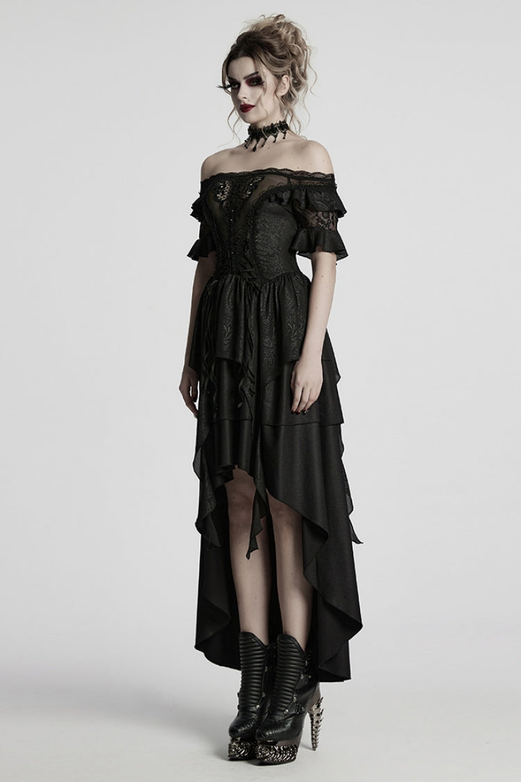 Jet Off-Shoulder Ruffle Sheer Gothic High-Low Prom Dress