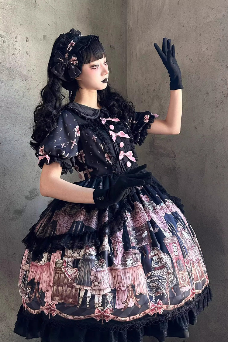 Ruffled Lace Dress with Bowknot and Missing Lamb Print