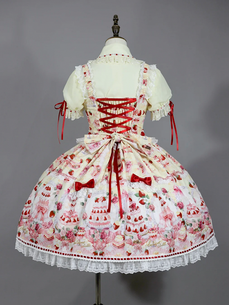 Yellow Strawberry Bow Print Accents Lolita / JSK Desserts Sweet and Set Full