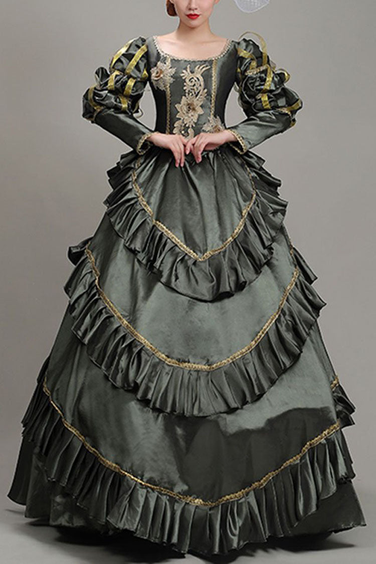 Dark Gray Court Dress with Floral Print and Long Sleeves - Victorian