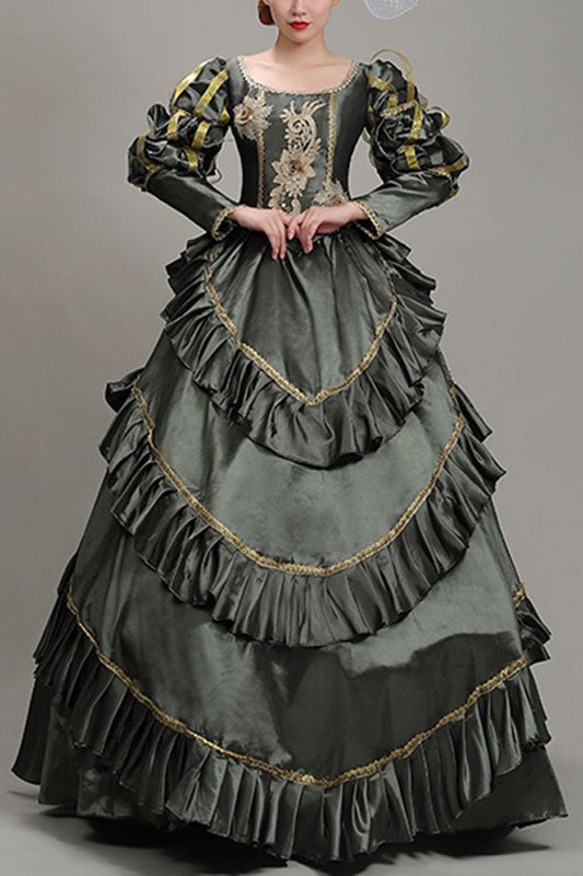 Dark Gray Court Dress with Floral Print and Long Sleeves - Victorian
