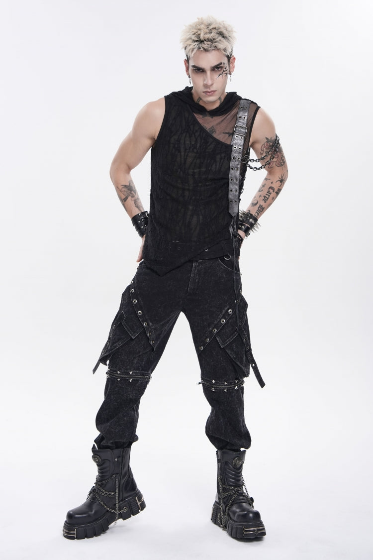 Men's Punk Hooded Vest with Sheer Asymmetric Chain-Decorated Design