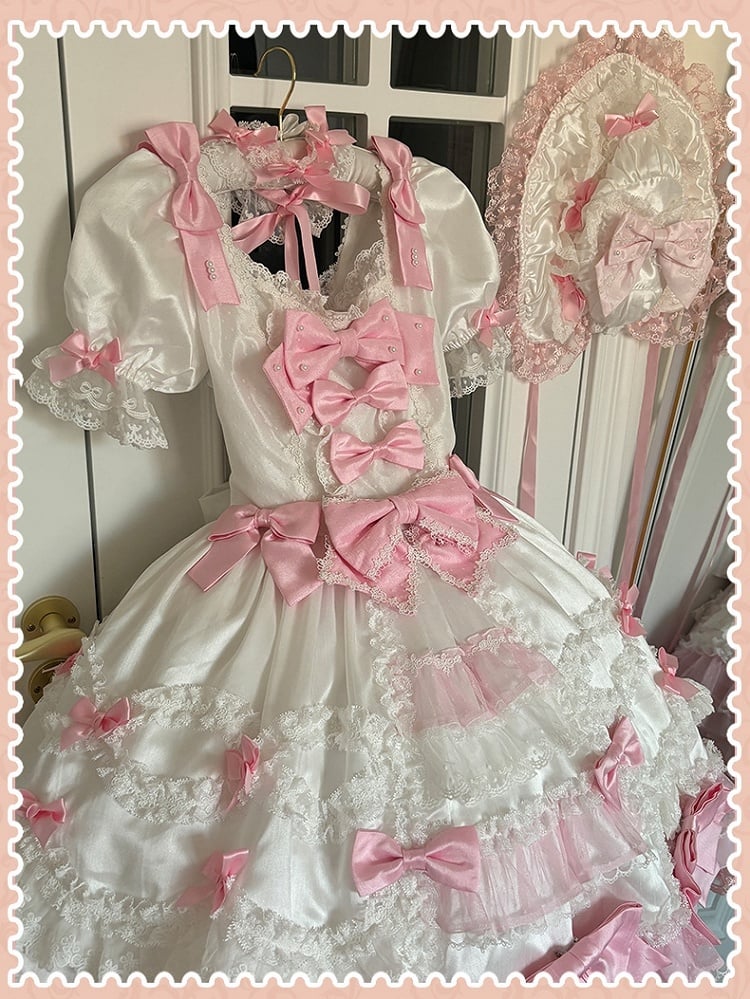Detachable Dress High Pink Waist White Bow Sleeves with Princess Lolita Sweet Accents