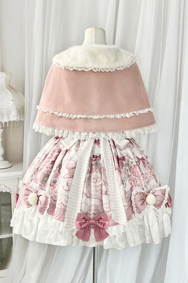 Pink Princess Dessert Cat Print Bow Lace Lolita Dress Set