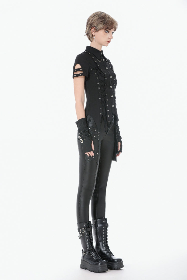 Punk Blouse with Turn-Down Collar and Lace-Up Eyelets