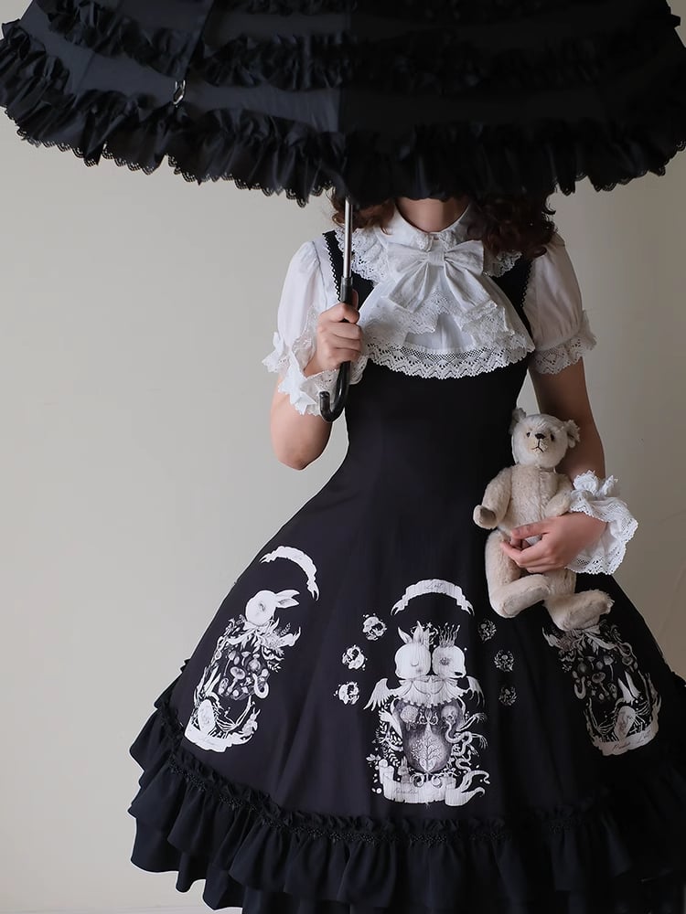 Dark Black Dress Print Waist Gothic Slim Fit Bunny Lolita