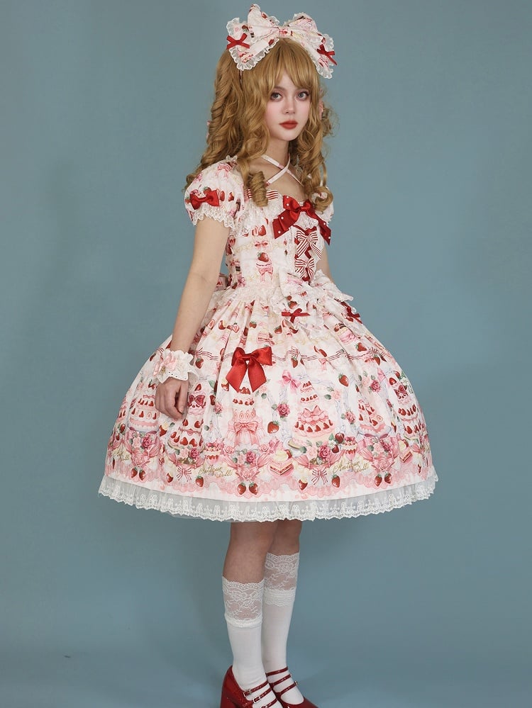 Sweet White Full Set Bow Cake Strawberry Accents Dress Print / Lolita