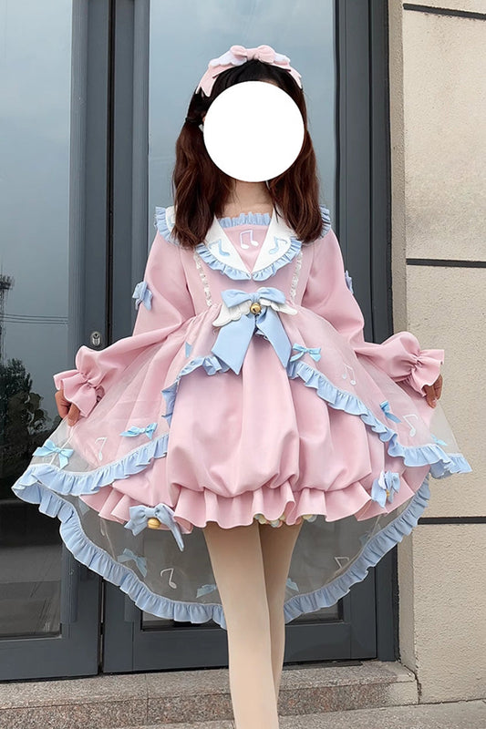 Pink Music Note Lace Sweet Lolita Dress with Bow and Ruffles