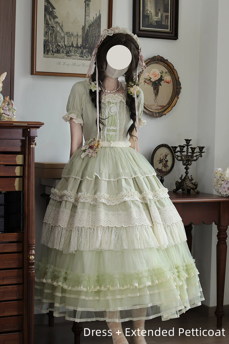 Vintage Ball Square Collar Lace Pearl Sweet Dress in Muscat Green