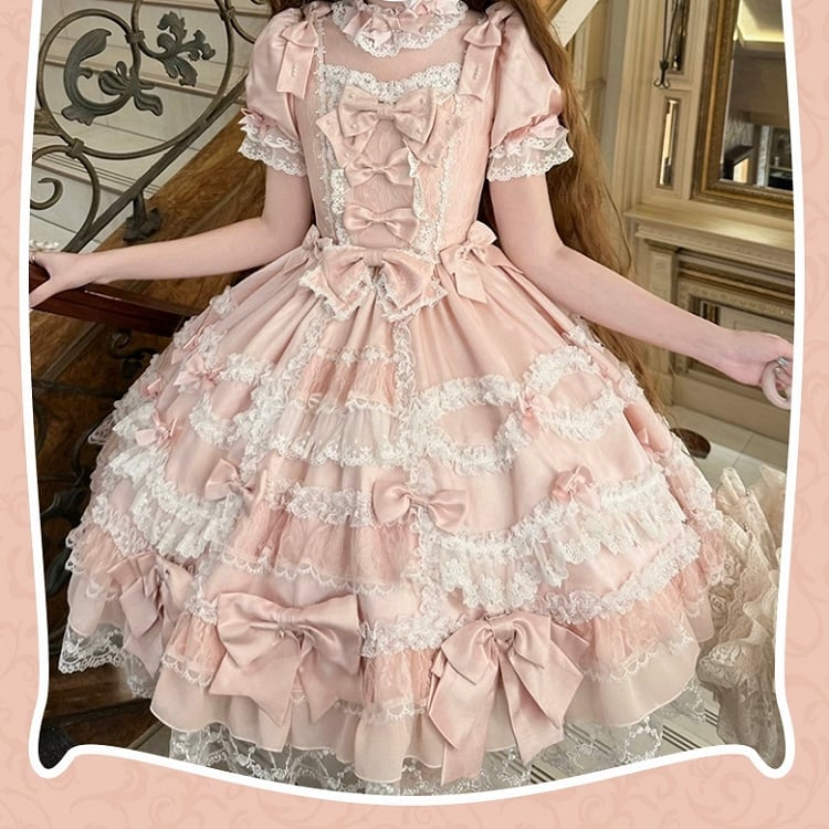 Sleeves Princess Bow Detachable with Dress Sweet High Waist Accents Lolita Pink