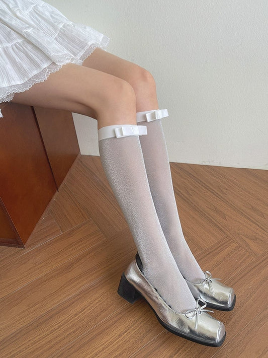 Bowknot Light Grey/Black Stockings Details Semi-sheer Underknee