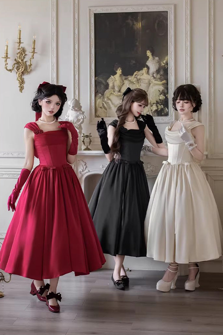 Crimson With Love Square Neck Sleeveless Fishbone Vintage Elegant Lolita Jumper Dress Ensemble