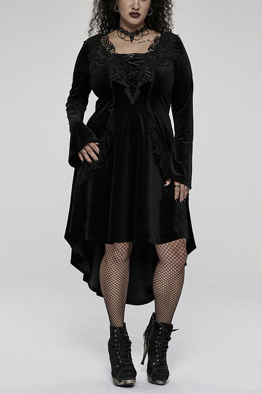 Gothic Velvet Embroidered Jacquard Neckline Trumpet Sleeve Asymmetric Dress