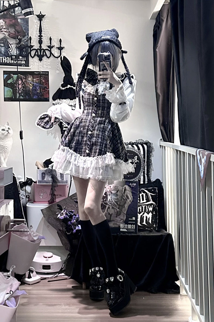 Plaid Printed Ruffled Bow Lace Sweet Jirai Kei Japanese Dress Shorts Set