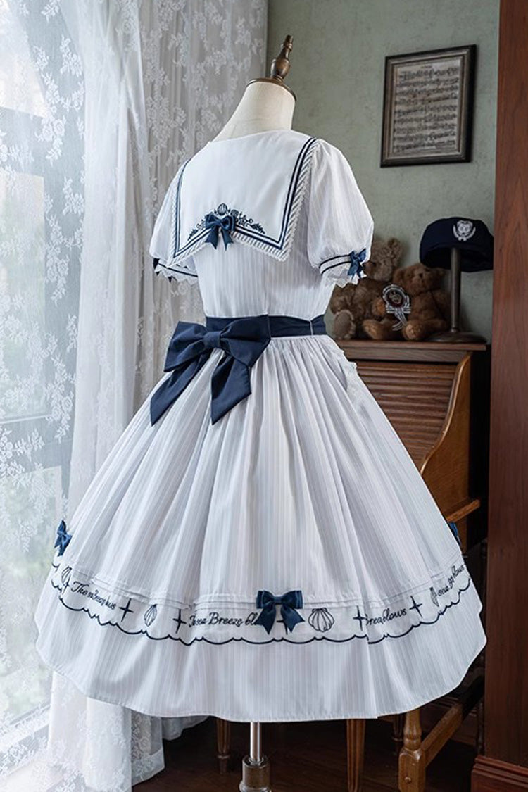 Navy Stripe Short Sleeve Ruffled Embroidery Sweet Lolita Dress