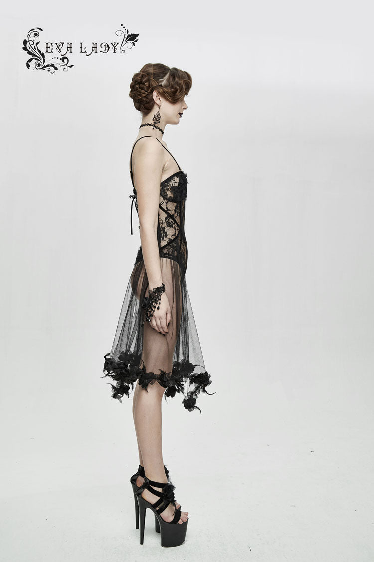 Rose Lace Mesh Hem Sling Gothic Jumpsuit in Black