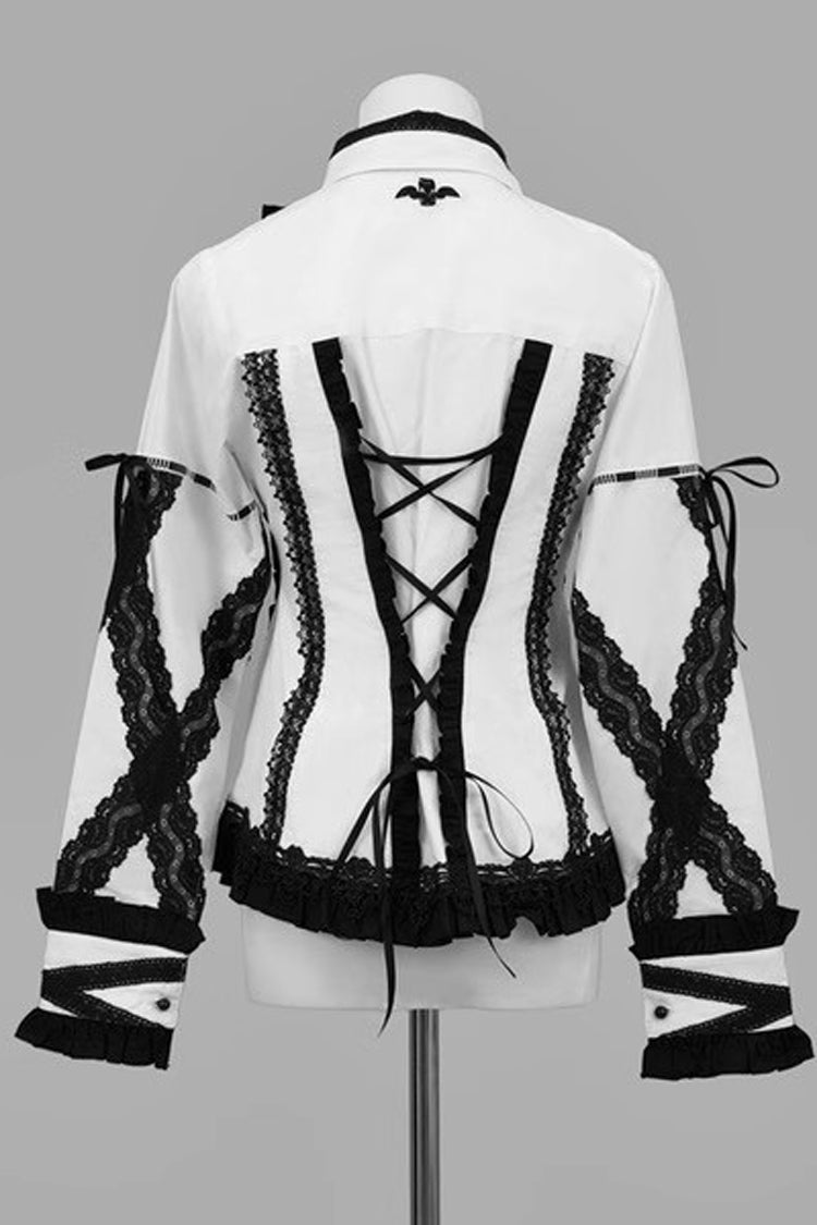 White Black Lapel Collar Long Sleeve Embroidered Gothic Jirai Kei Blouse