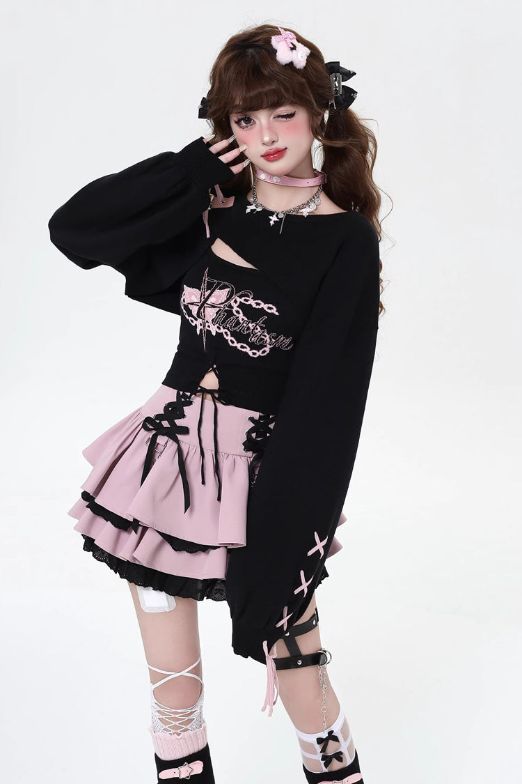 Rebellious Period Double-Layered Ruffle Lace-Up Gothic Japanese Skirt