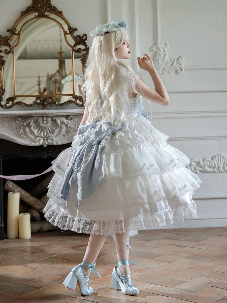 Dress Hime Tiered Skirt Lolita Bows and Hanayome White Blue Decoration